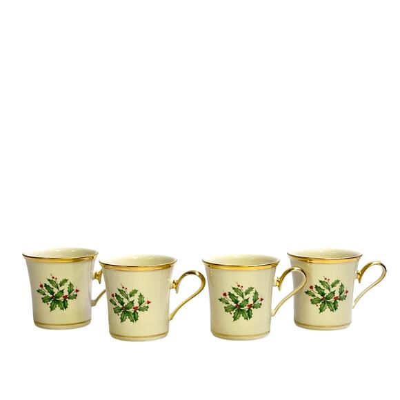 Lenox Holiday Dimension Flat Cups/Mugs Holly and Berry Ivory Gold Trim-Set of 4 - Picture 4 of 7